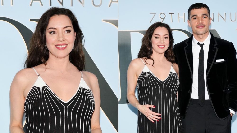 Aubrey Plaza wears Chanel Coco Beach Maternity Black Tie at 2026 Tony’s