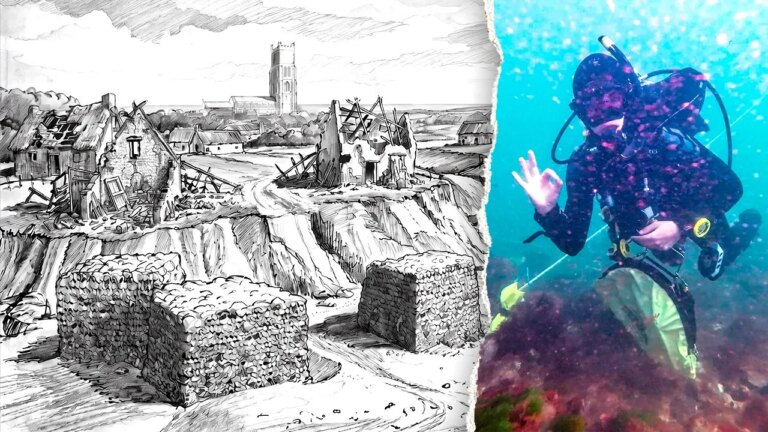 Divers photograph Shipden ruins, a medieval village lost to the sea long ago