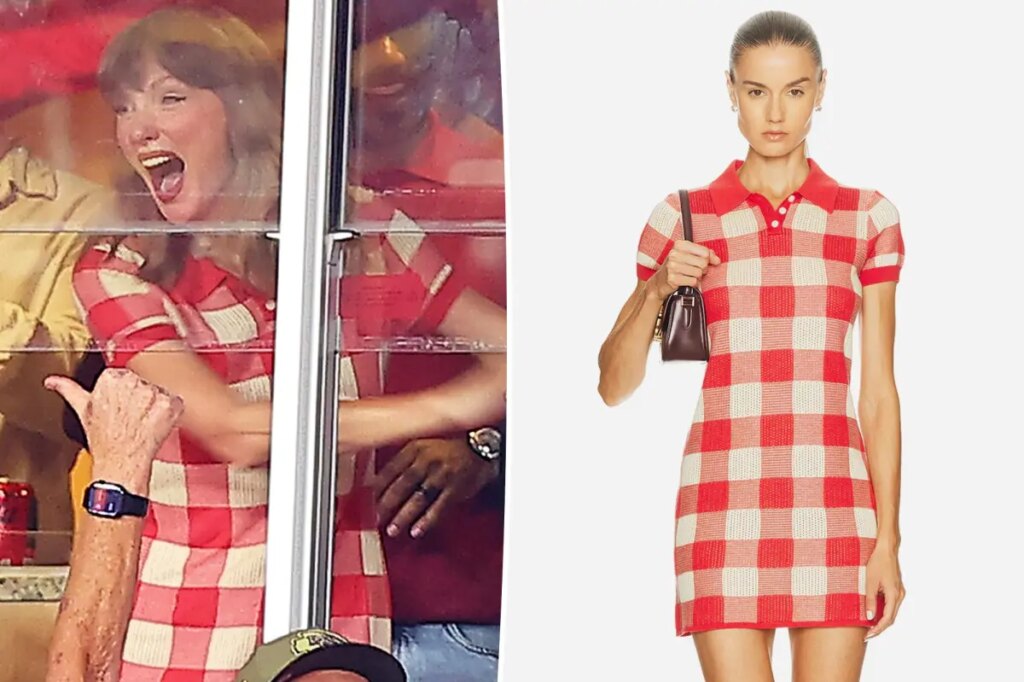 Taylor Swift cheers on Travis Kelce in red checked polo dress at Chiefs vs. Broncos game