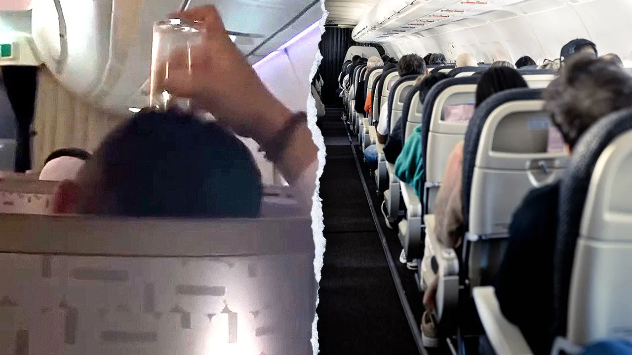 An EVA Air flight passenger uses drinking glass to scratch his scalp mid-flight